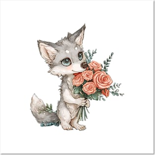 Valentine Wolf Giving Flowers Posters and Art